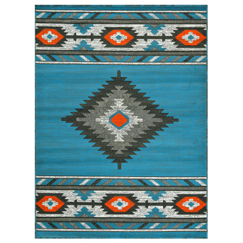 Tapis de style sud-ouest orange et gris HR Blue, Rectangle 8 pi x 10 pi