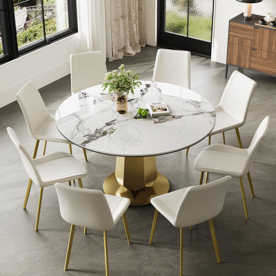 Table de salle à manger ronde de luxe de 53 pouces avec plateau en pierre frittée, table de cuisine moderne pour 4 à 8 personnes, base en acier inoxydable doré et assemblage facile, table de petit-déjeuner peu encombrante pour les appartements et les petits espaces