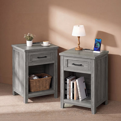 Set Of 2 Farmhouse Nightstands With Charging Station, Oak Grey End Tables With Power Outlets And USB Ports