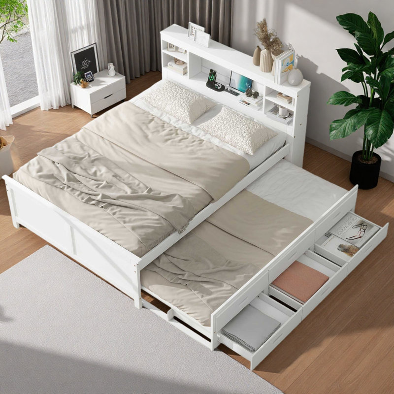 Lit plateforme double avec tête de lit, gigogne simple et 3 tiroirs, Lit double, White