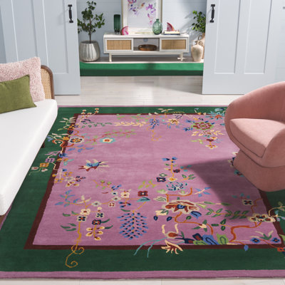 Tapis floral en laine / coton touffeté à la main Phaong - mauve / vert