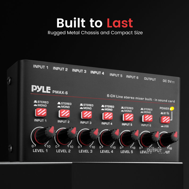 Pyle 6-Channel Wireless BT Streaming Mini Line Mixer With USB Audio Interface - 6 Mono/Stereo Switching Inputs | Ultra-Low Noise Design With High Headroom | Built-In USB Sound Card - PMAX6
