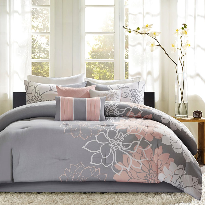 Literie grand gris / pêche - coton imprimé, décoration florale, comprend une jupe de lit et 3 édredons gris / pêche, décoratif
