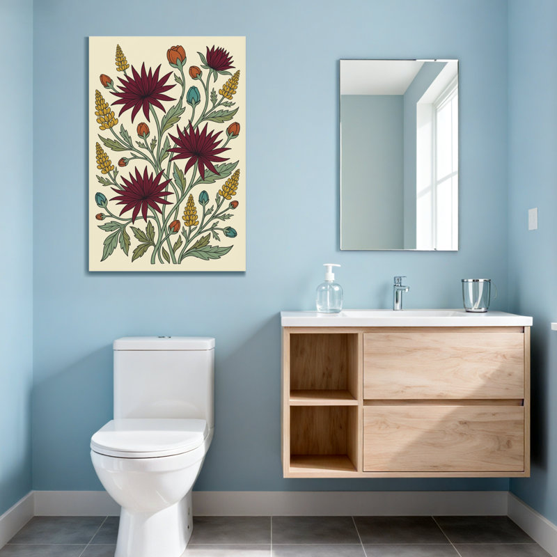 Motif floral de plantes et de fleurs avec des fleurs rouges et jaunes, H 18 po x l 12 po