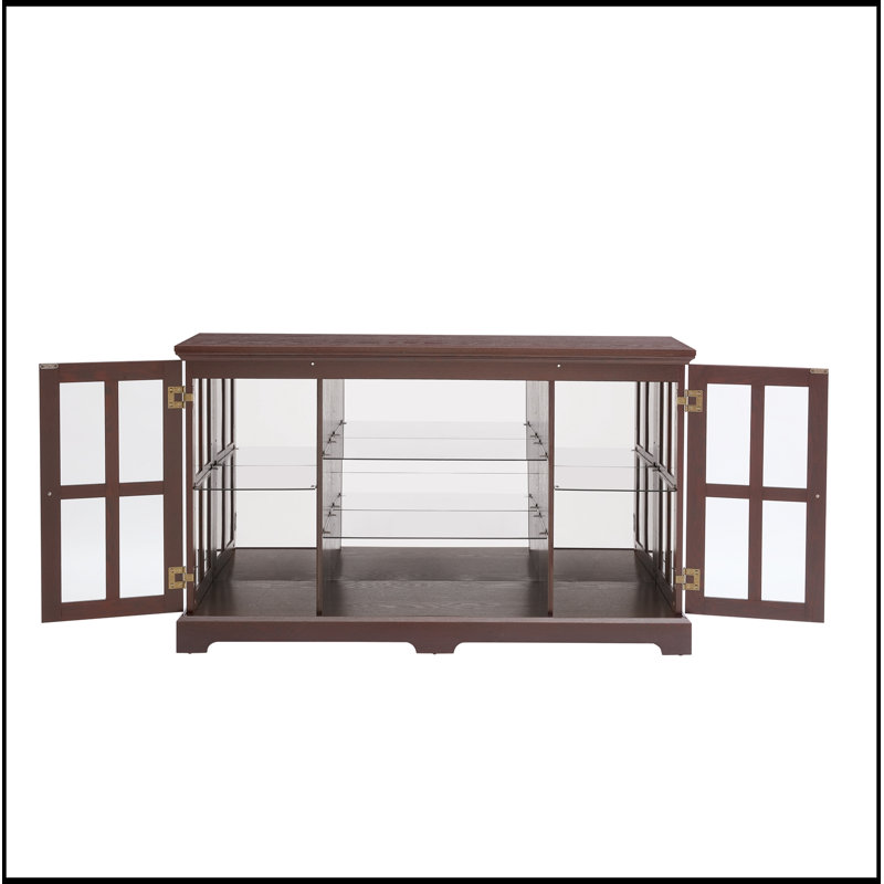 Meuble télé avec 2 portes vitrées et 2 tablettes réglables à 2 niveaux, Cherry
