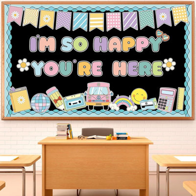 Groovy Back To School Bulletin Board Set – “i’m So Happy You’re Here” Boho Retro Hippie Classroom Decor With Rainbow & Daisy Cutouts For Chalkboard, Wall, And Teacher Decoration Diy Display