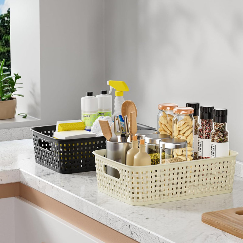 Paquet de 8 paniers en plastique noir avec poignées | Bacs de rangement tissés pour organiser vos armoires, placards, tablettes et comptoirs | Organisation à domicile