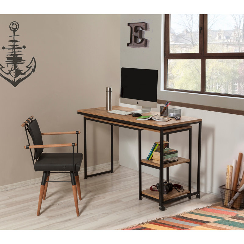 Bureau d'étude industriel avec structure en métal, pin atlantique et finition noire | 49,2 po x 31,1 po x 21,5 po | 100% panneau de particules enduit de mélamine, épaisseur: 0,7 pouce | Vaste espace de rangement avec de nombreuses tablettes pour le bureau à domicile