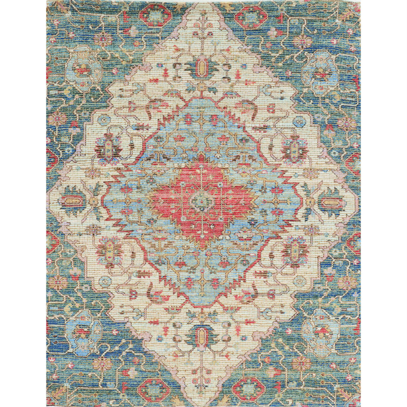 Mckenley Blue and Beige Medallion Hand Woven Area Rug, Rectangle 5' x 7'