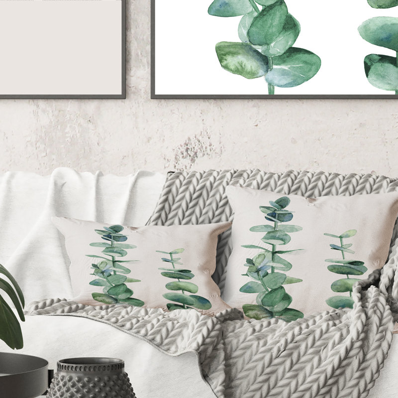 Carré, branche d'eucalyptus bleu argenté - coussin décoratif imprimé tropical, 18" x 18"