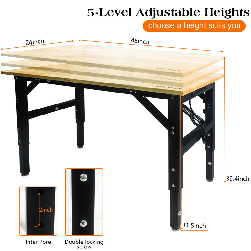 Adjustable Metal Desk With Socket And Wooden Top - Functional Workplace Work Platform Stable Wood Meets Different Workshop Requirements