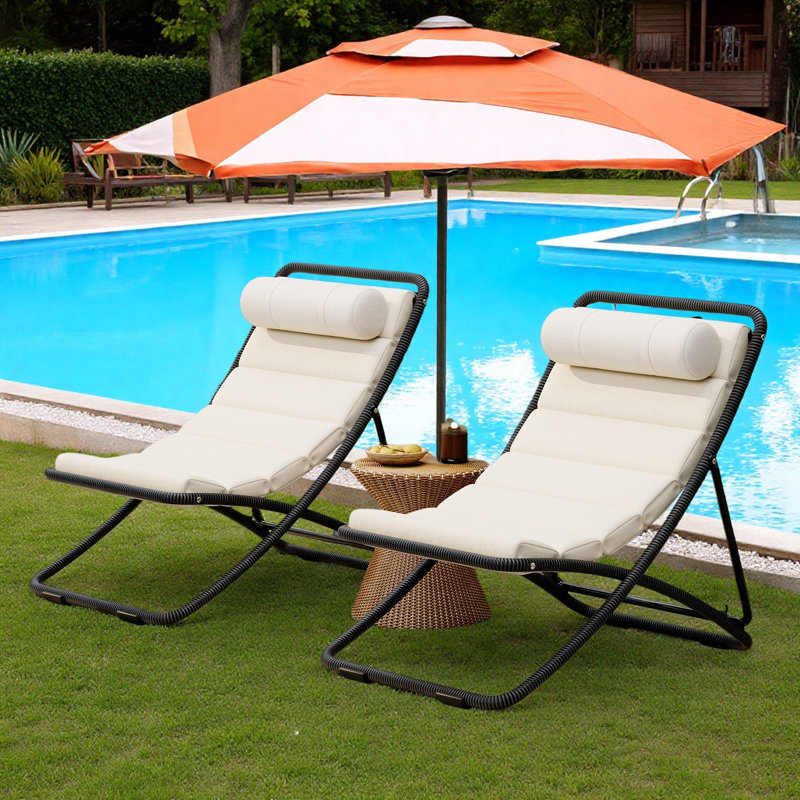 Chaise pliante d'extérieur 2 pièces avec coussin épais et appui-tête amovible, Black