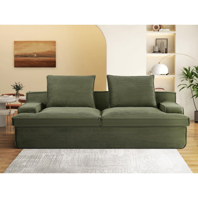 Nimbus Oversized Full Foam 4 Seater Couch For Living Room Upholstered In Soft Corduroy Fabric, Wide Armrests, Ergonomic Compressed Sofa In A Box, No Assembly, 90 Inch Wide, Green