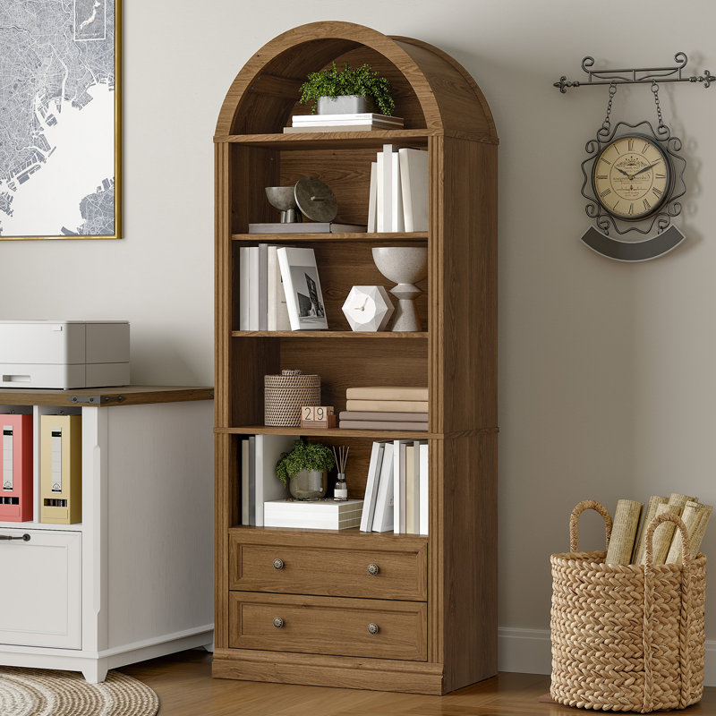 69.7" Farmhouse Arched Bookshelf with Open Display Shelves, 7 Tier Modern Bookcase with 2 Spacious Drawers and Cabinet