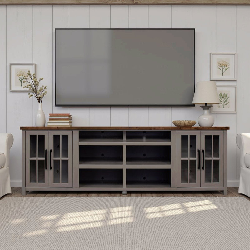 Meuble télé 96 po pour téléviseur de 100 po ou moins, sans assemblage requis, finition grès et whisky, Beige