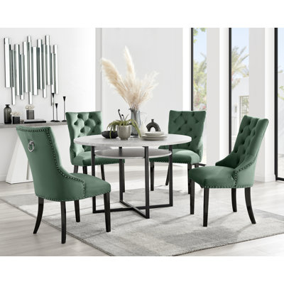 Adler Concrete Effect Round Dining Table Set with Shelf & 4 Luxury Button Velvet Dining Chairs