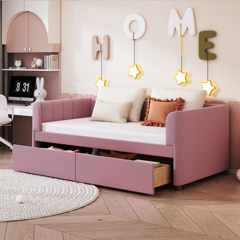 Pink Twin Daybed With Ergonomic And 2 Practical Drawers - Bedroom Beauty Storage Design Modern &, Pink