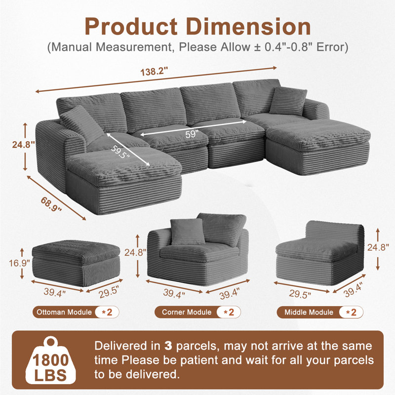 Boneless 137" Cloud Couch for Living Room, Modular Sectional Sofa with Plush U Shaped Big Comfy Upholstered Couches with Deep Seat, Compression, No Assembly Required
