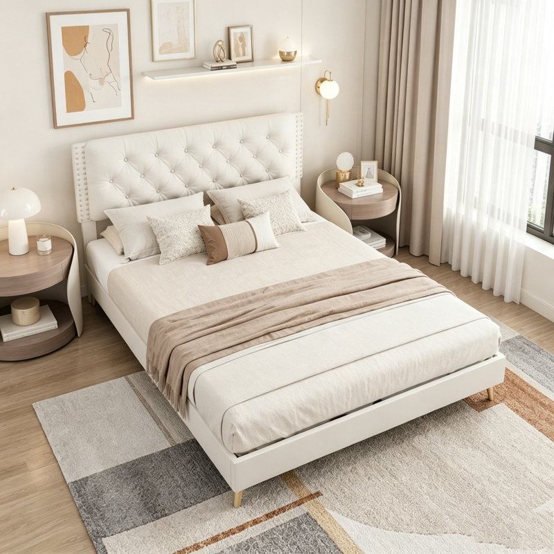 Structure de lit en velours, Lit double, Beige