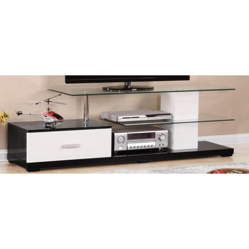 Meuble télé rectangulaire blanc et noir avec 1 tiroir et 2 tablettes ouvertes pour écrans plats de 60 po