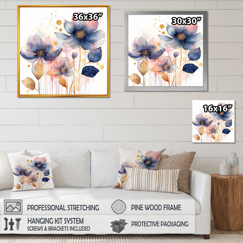 Blooms bleu et beige harmonieux I - art mural floral salon_105660, H 36 po x l 36 po x P 1,5 po, Toile tendue