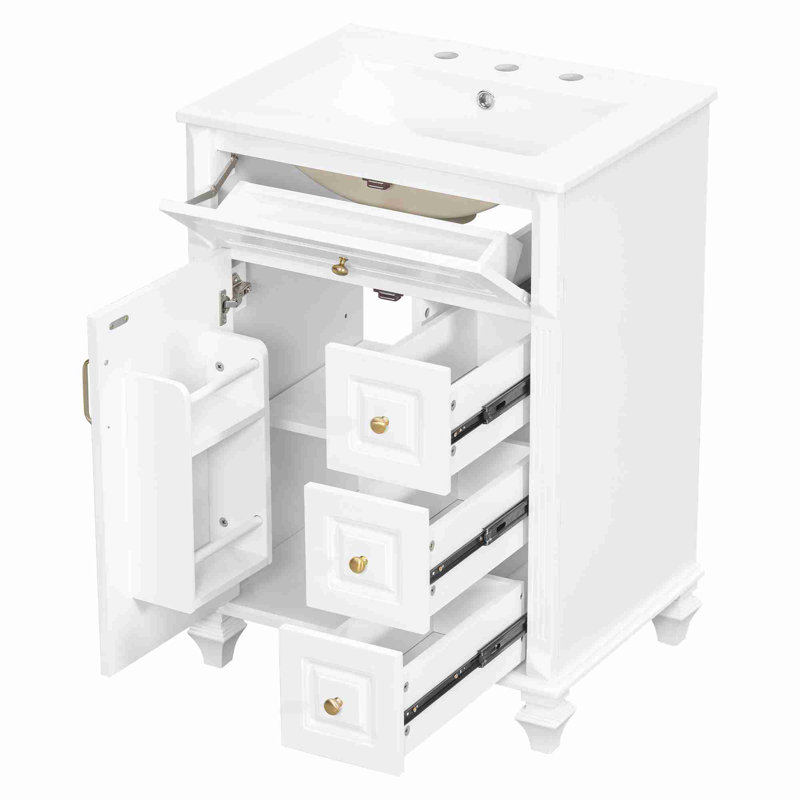 Meuble-lavabo de salle de bain avec lavabo, Blanc, Doré, 24"