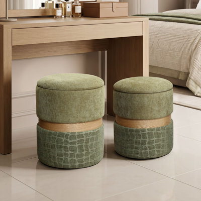 2-Piece Round Storage Ottoman Set with Wood-Look Accent