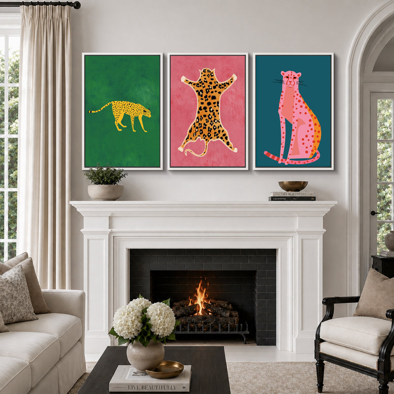 «Preppy Bright», «Pop Vibrant Bold Green Pink Blue Art, Chic Leopard Tiger», images murales colorées, 3 pièces encadrées, impression numérique sur toile, impression numérique sur toile giclée