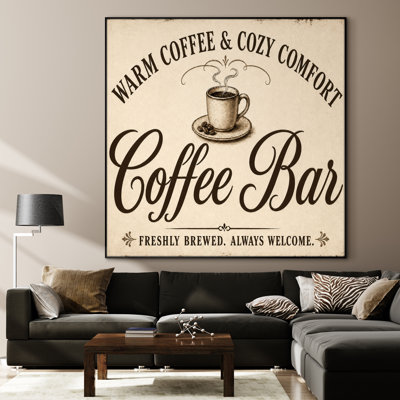 Très grand art mural imprimé sur tissu - café brun, typographie, décor de cuisine rétro - «assemblage requis (cadre non fini)»