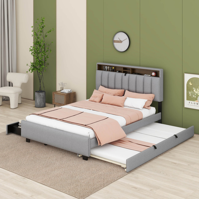 Full Size Upholstered Platform Bed With Storage Headboard, Grey, Full