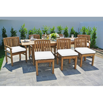Huntington 9pc Teak Dining Set With Expansion Table Sunbrella Cushions
