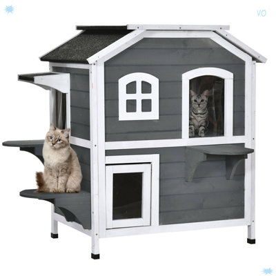 2-Story Cat House Outdoor, Weatherproof Wooden Cat Enclosure For Feral Cats With Escape Door