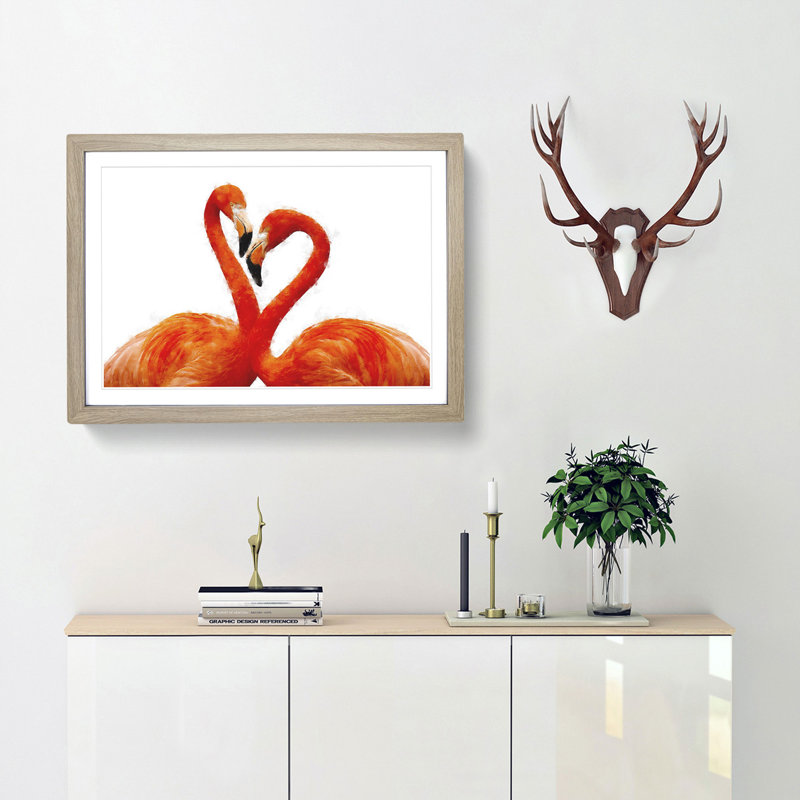 Two Loving Flamingos - Picture Frame Graphic Art Print, 45cm H x 63cm W x 2cm D, Oak Framed