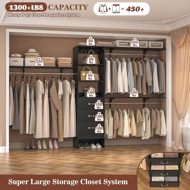  Quion 20.2 - 120 '' W Closet System with Wooden Drawers and Hanging Rods(cut To Fit), Black
