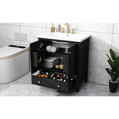Meuble-lavabo moderne 30 po, noir, bois massif et armoire noire avec tablette réglable