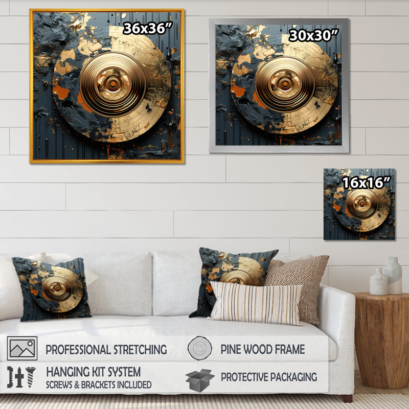Disque vinyle doré et gris Melody II, Cadre flottant doré, H 30 po x l 30 po x P 1,5 po