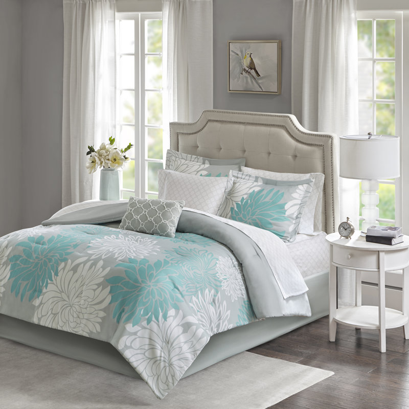 Ensemble d'édredon à motif floral avec draps en coton Maible, Édredon simple + 1 jupe de lit + 1 taie décorati, Turquoise