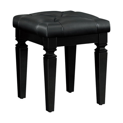 Luxury Vanity Stool For Bedroom, 1Pc Black Finish, Faux Leather Upholstered Seat, 17"X17" Dimensions, Wood Frame, Foam Cushioned Modern Bedroom Stool, With Button - Leather, 17" Depth