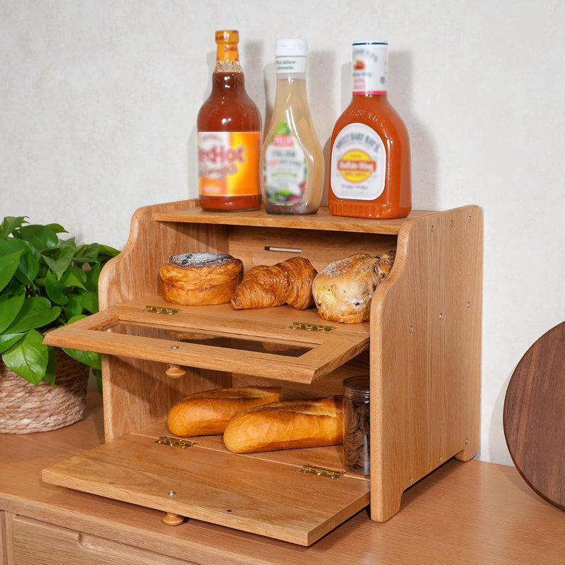 Bread Box, Solid Wood Oak Bread Box for Kitchen Countertop, Double Layer Bread Container for Bread Storage, Large Capacity Breadbox with Clear Window, Pre-assembled