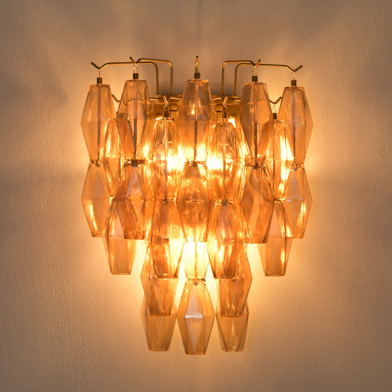 3-Light Dimmable Flush Mounted Wall Sconce with Amber Glass (Bulbs Included), Gold