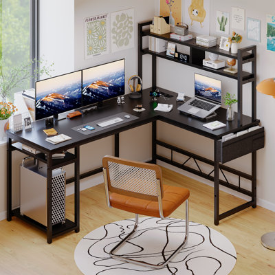 L-Shape Computer Desk 140cm x 50cm x 75cm with Adjustable Storage Rack