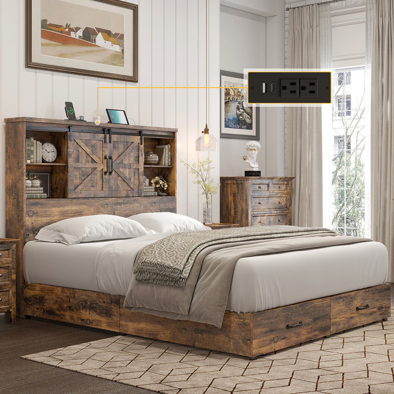 Rustic Brown Queen Wood Platform Bed with Bookcase Headboard and Storage
