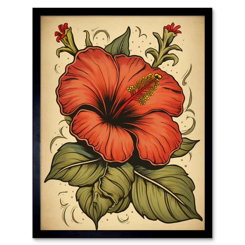Aalana Old School USA Tattoo Ink Body Art Red Hibiscus Rockabilly Americana - Single Picture Frame Print