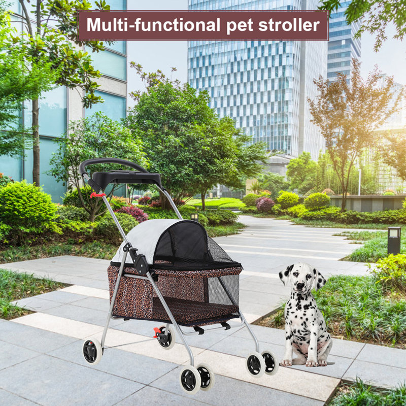 Leopard Print Folding Pet Stroller with Cup Holder