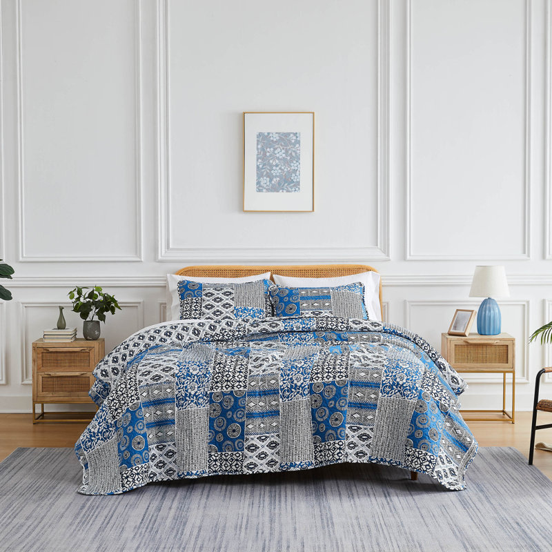 Ensemble de courtepointe en microfibre Global Patchwork Collection, Bleu, Courtepointe grand + 2 couvre-oreillers standard