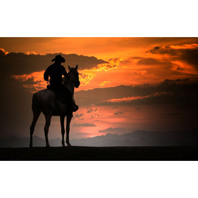 Murale pelez et collez de qualité supérieure - Silhouette coucher de soleil cowboy