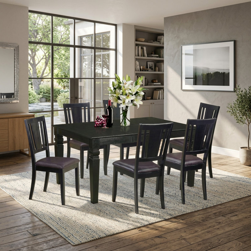 Ensemble table et chaises de salle à manger rectangulaires avec rallonge intégrée de 45 cm et six chaises de salle à manger en similicuir.