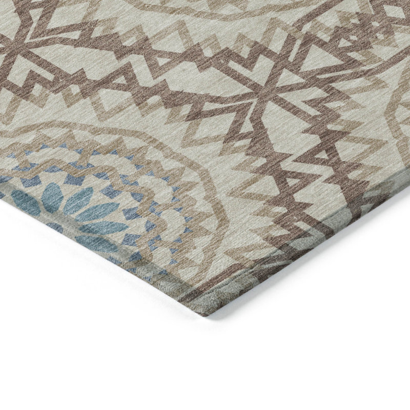 Tapis extérieur lavable à motif de médaillon brun kaki et taupe 10 pi x 14 pi