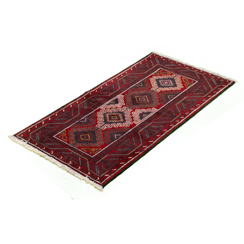 Tapis décoratif en laine rouge foncé de conception unique 3 pi 1 po x 5 pi 11 po noué à la main new age rizbaft