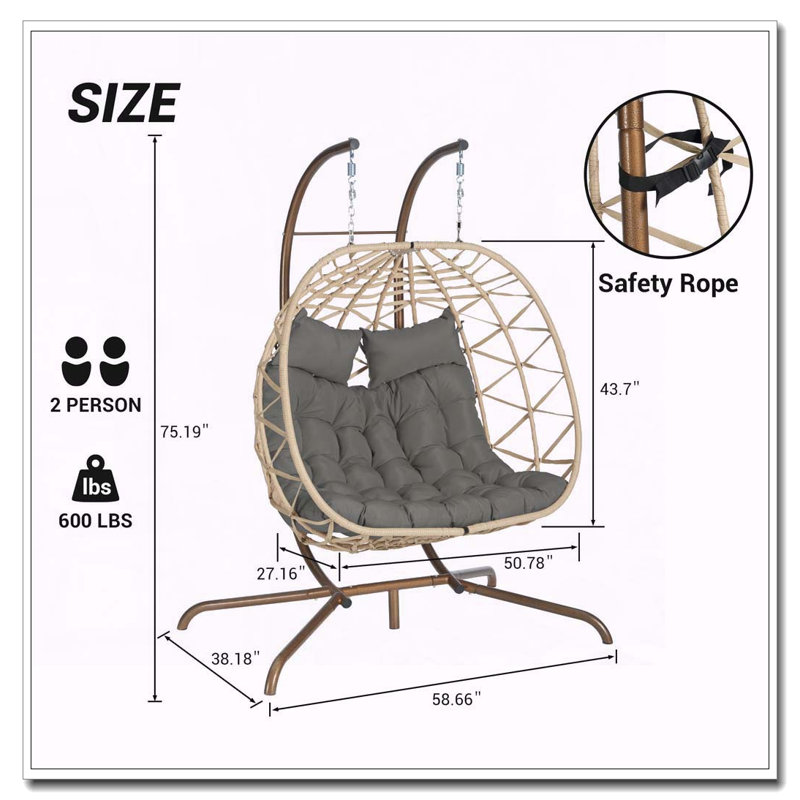 Double Hanging Egg Chair with Stand and UV-Resistant Cushions, Dark Gray, Natural, Dark Gray